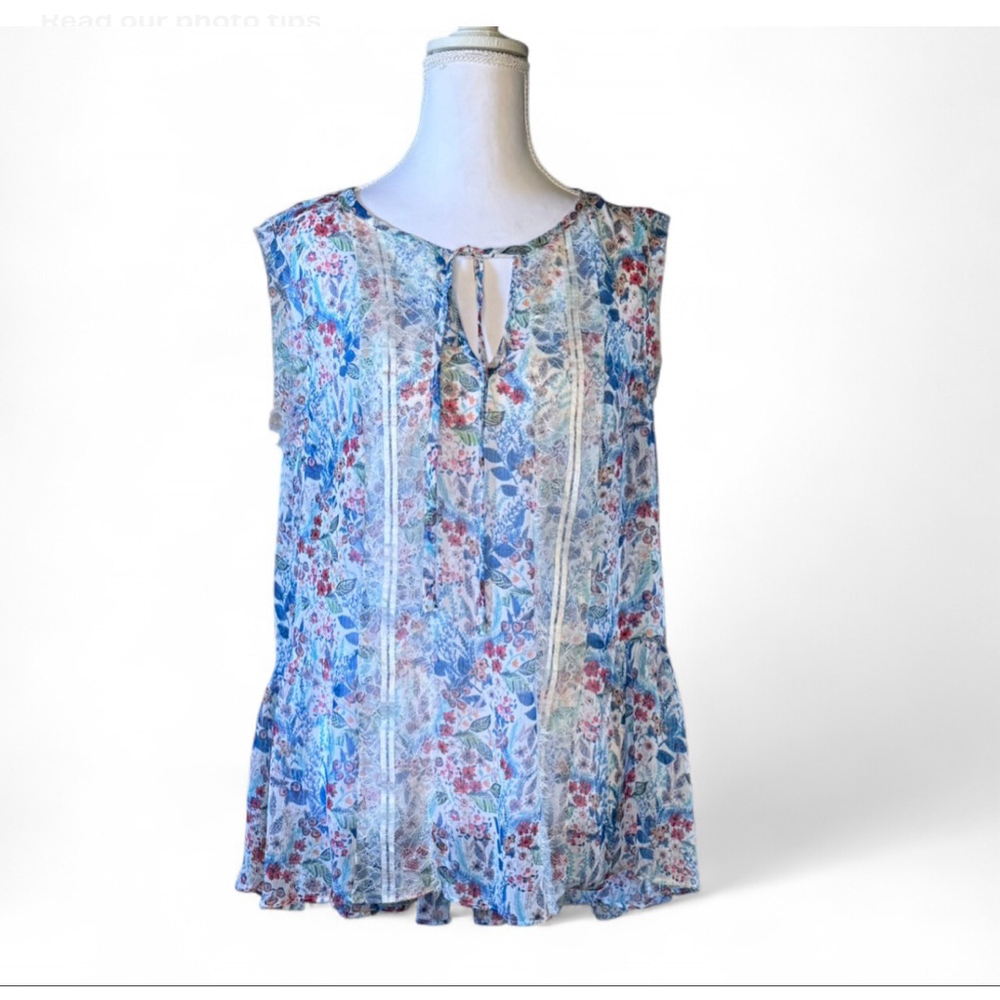 Lauren Conrad LC Blue Floral Lace Boho Blouse Size L Ruffle Hem Top